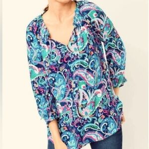 Talbots Pink Blue Paisley‎ Print Tie Neckline 1/2 Sleeve Blouse Top Size Large